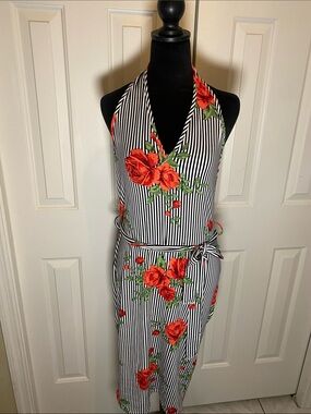NWT One-Shoulder Halter Midi Dress in Black & White Stripe with Red Floral Print
